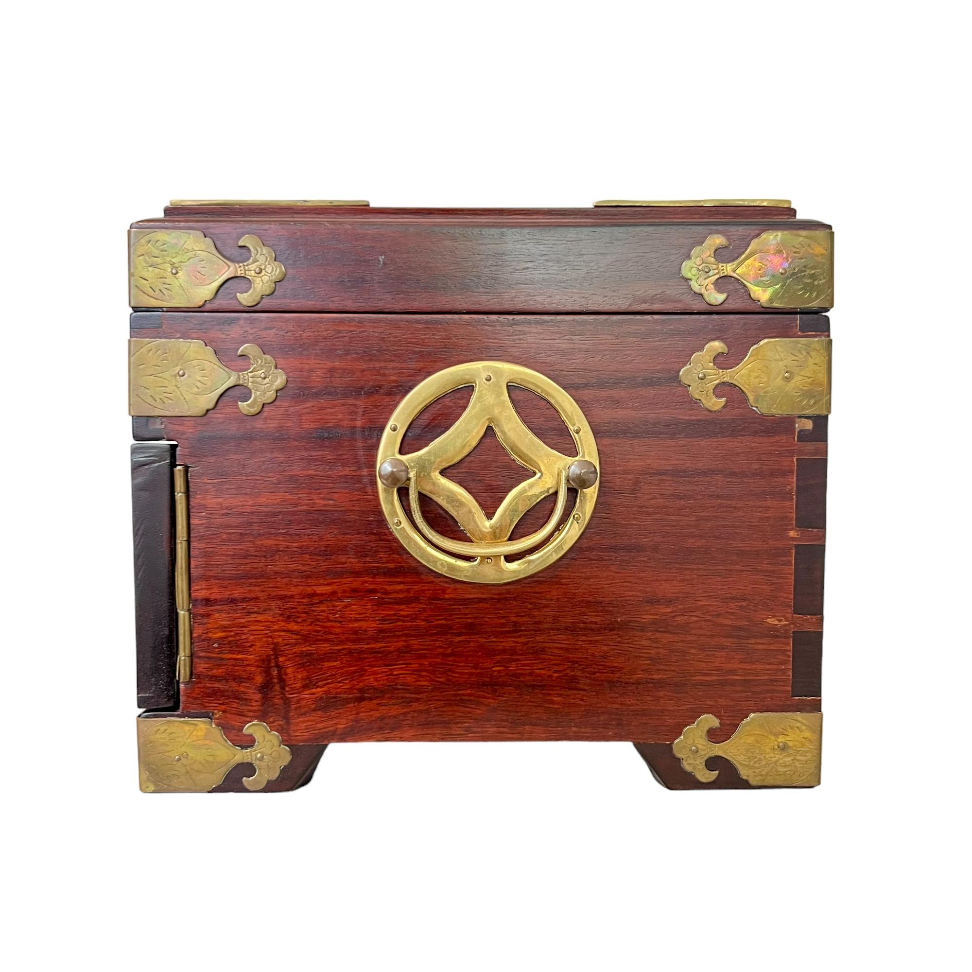 Vintage Chinese Brass Accented Wood Jewelry Box Chest For Sale 1