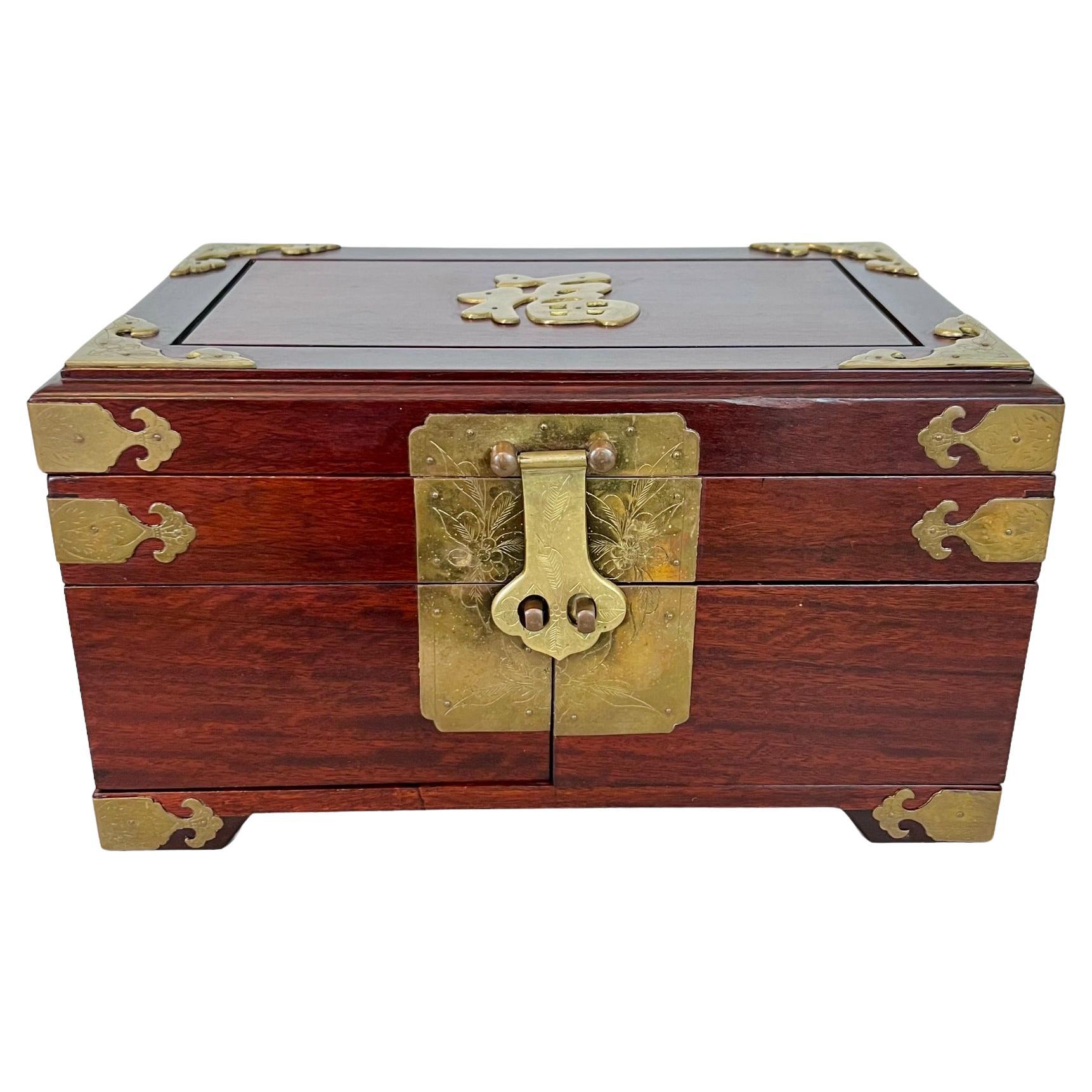 Vintage Chinese Brass Accented Wood Jewelry Box Chest For Sale