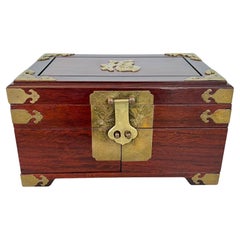 Retro Chinese Brass Accented Wood Jewelry Box Chest