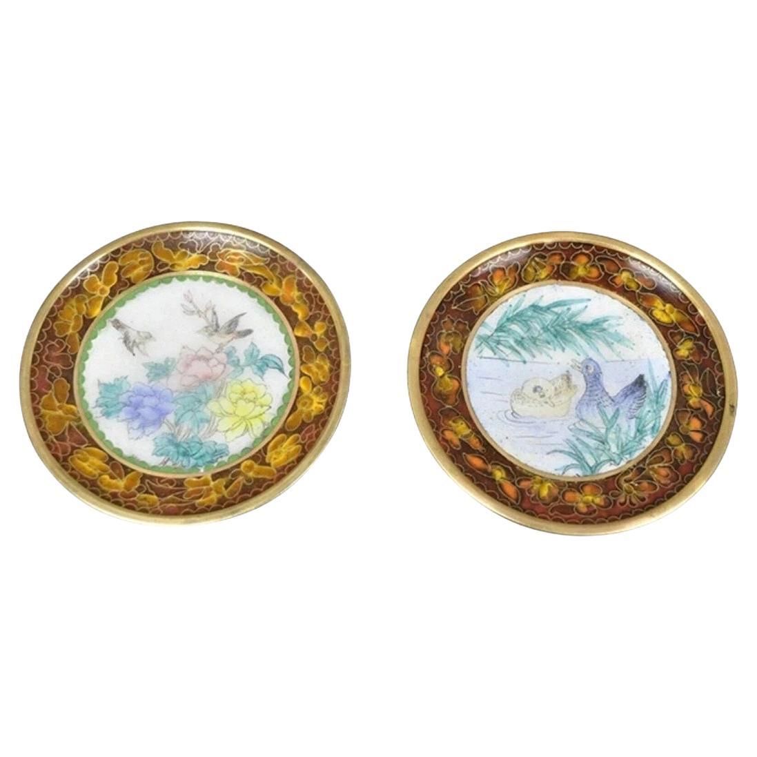 Vintage Chinese Brass Enamel Cloisonne Small Trinket Dish Set Brown - Set of 2