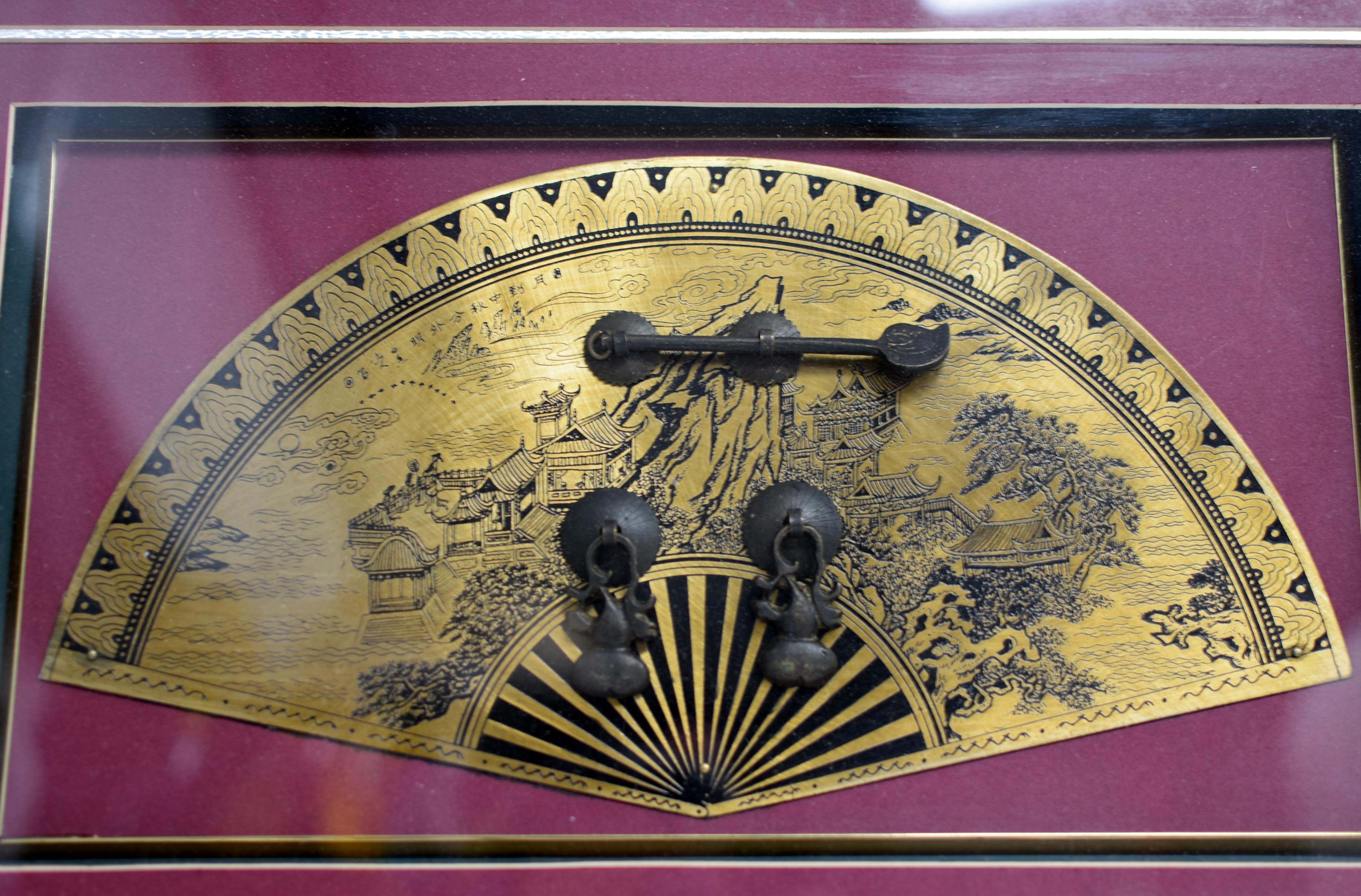20th Century Vintage Chinese Brass Fan Hardware Shadow Box For Sale