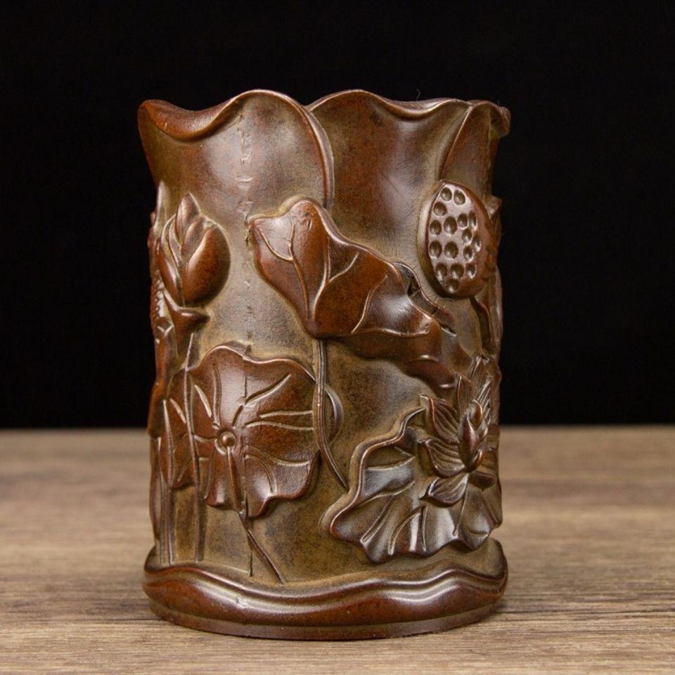 19th Century Vintage Chinese Bronze Fish and Lotus Flower Design Brush Pot For Sale