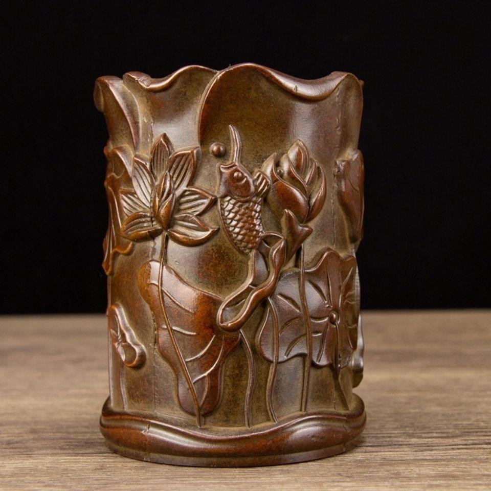 Vintage Chinese Bronze Fish and Lotus Flower Design Brush Pot For Sale 1