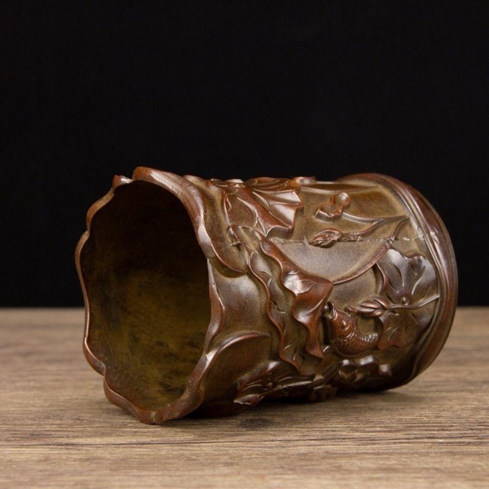Vintage Chinese Bronze Fish and Lotus Flower Design Brush Pot For Sale 2