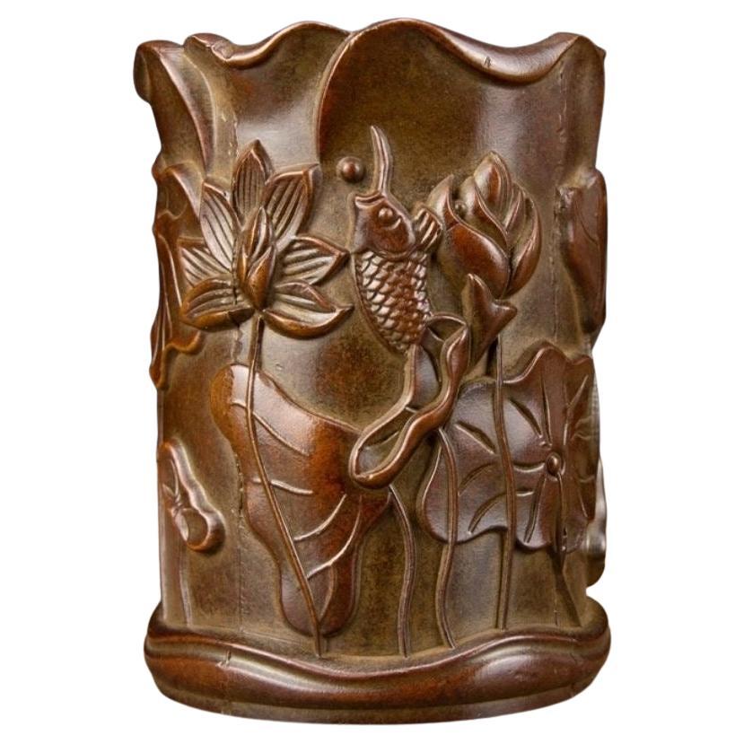 Vintage Chinese Bronze Fish and Lotus Flower Design Brush Pot