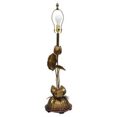 Vintage Chinese Bronze Fruit & Lotus Vine Leaf Chinoiserie Table Lamp