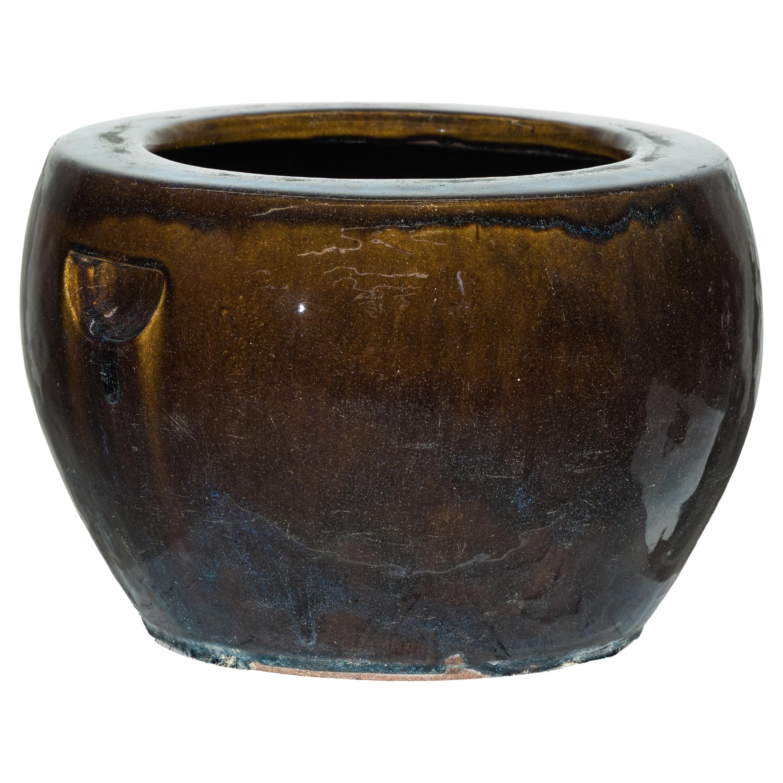 Jardinière chinoise vintage en céramique émaillée marron et bleu avec une forme arrondie