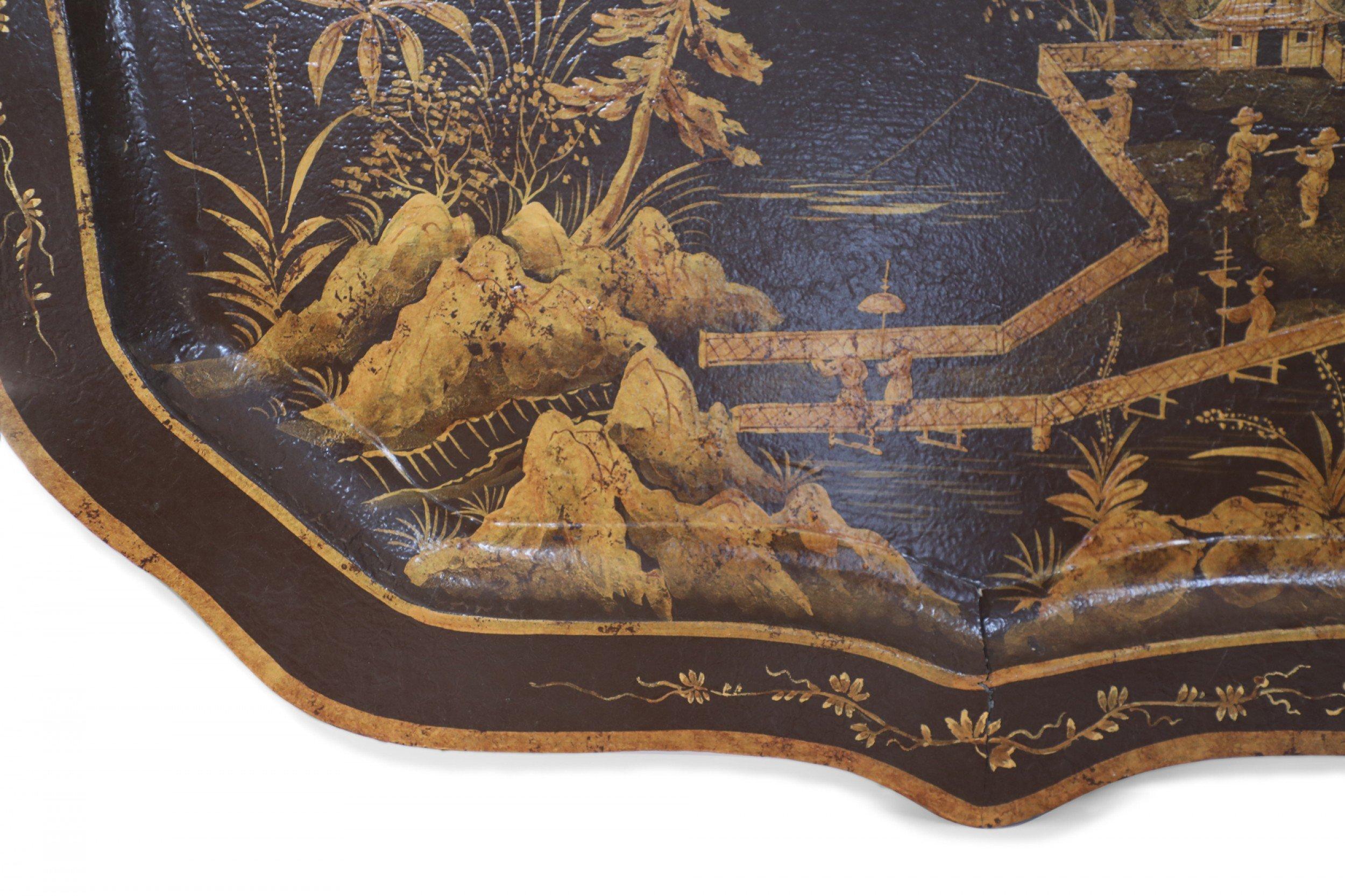 Peint Plateau de service chinois vintage en tôle marron et or avec scène de lac en vente