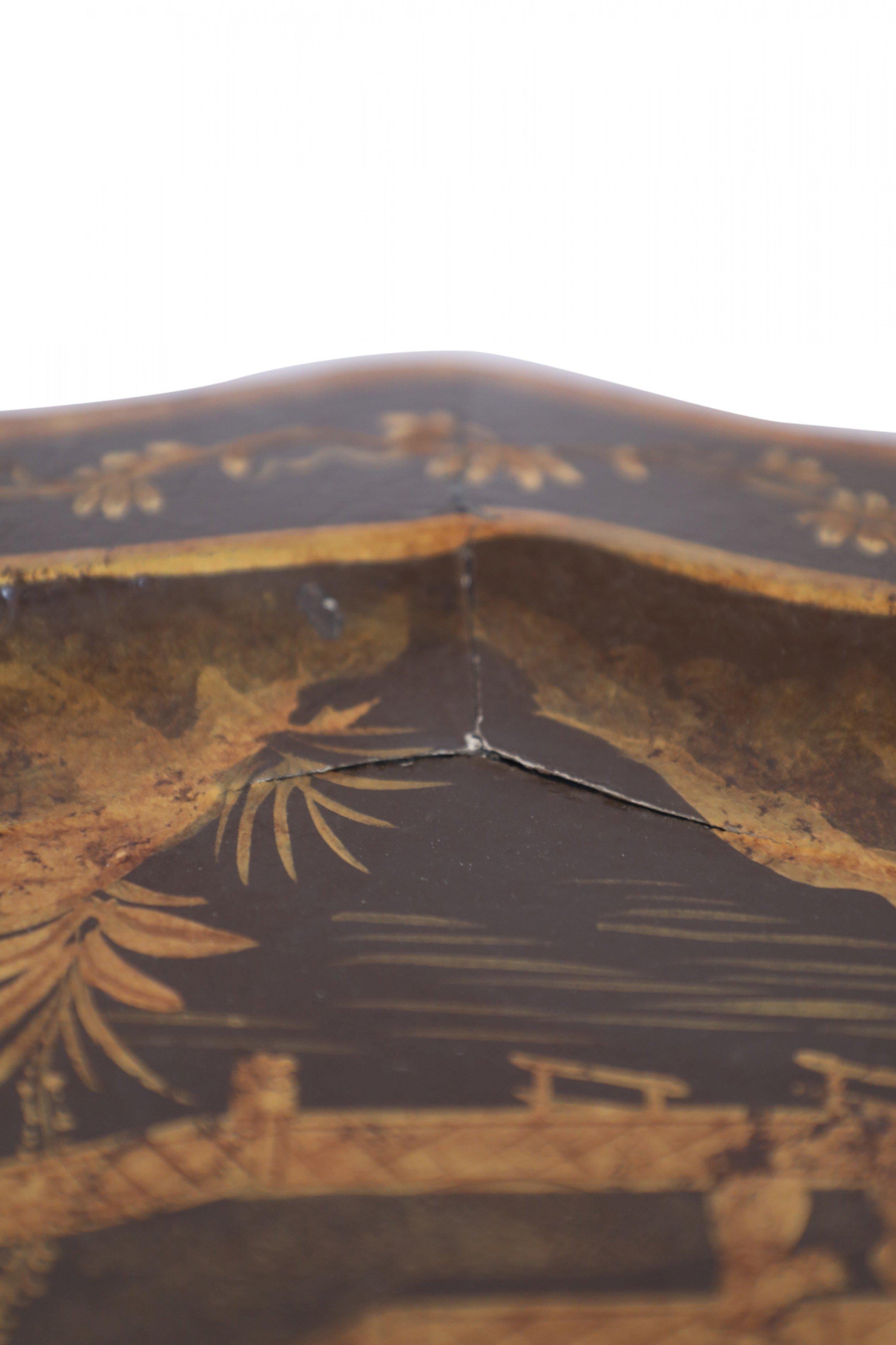 Plateau de service chinois vintage en tôle marron et or avec scène de lac Bon état - En vente à New York, NY