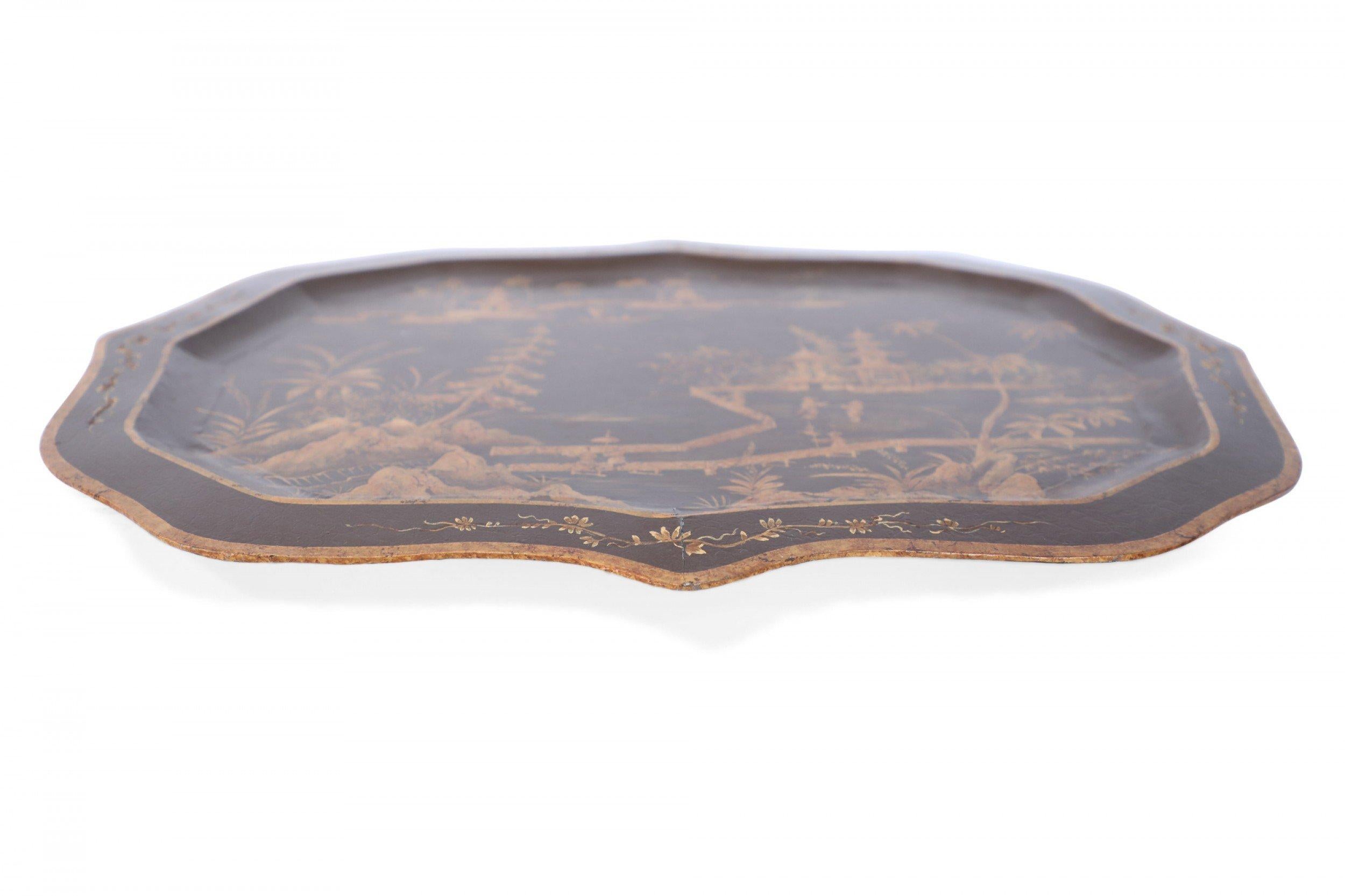 Metal Vintage Chinese Brown and Gold Tole Serving Tray with Lake Scene For Sale