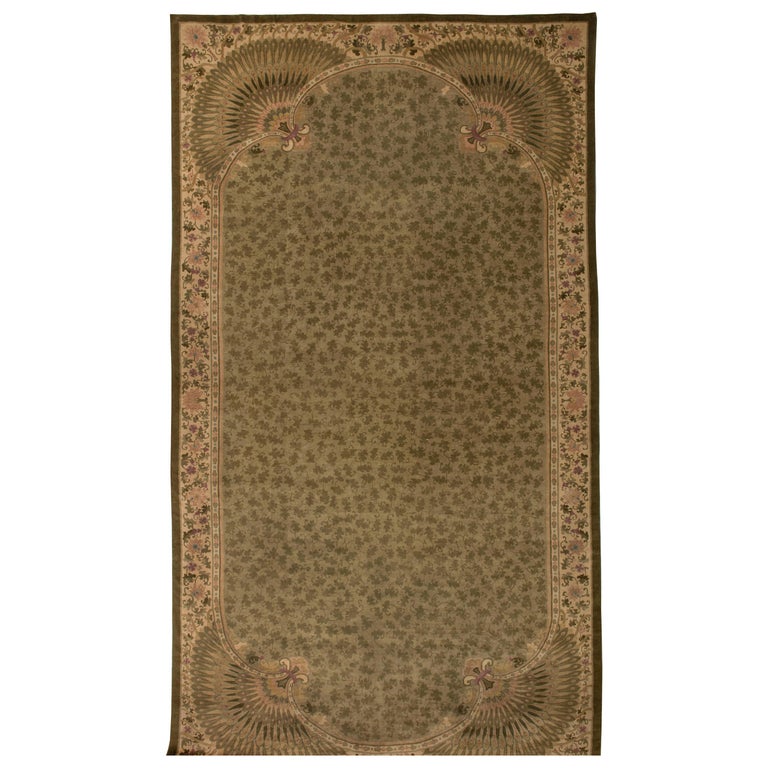 Vintage Chinese Brown and Sage Handwoven Wool Rug For Sale at 1stdibs