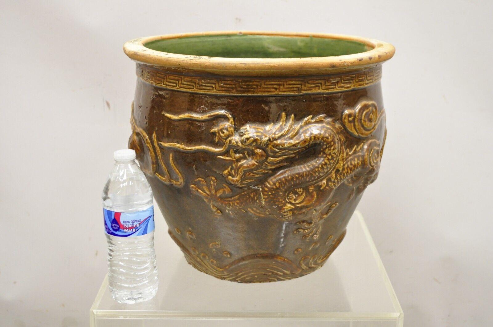 Vintage Chinese Brown Glazed Ceramic Dragon Cachepot Planter Pot - a Pair For Sale 4