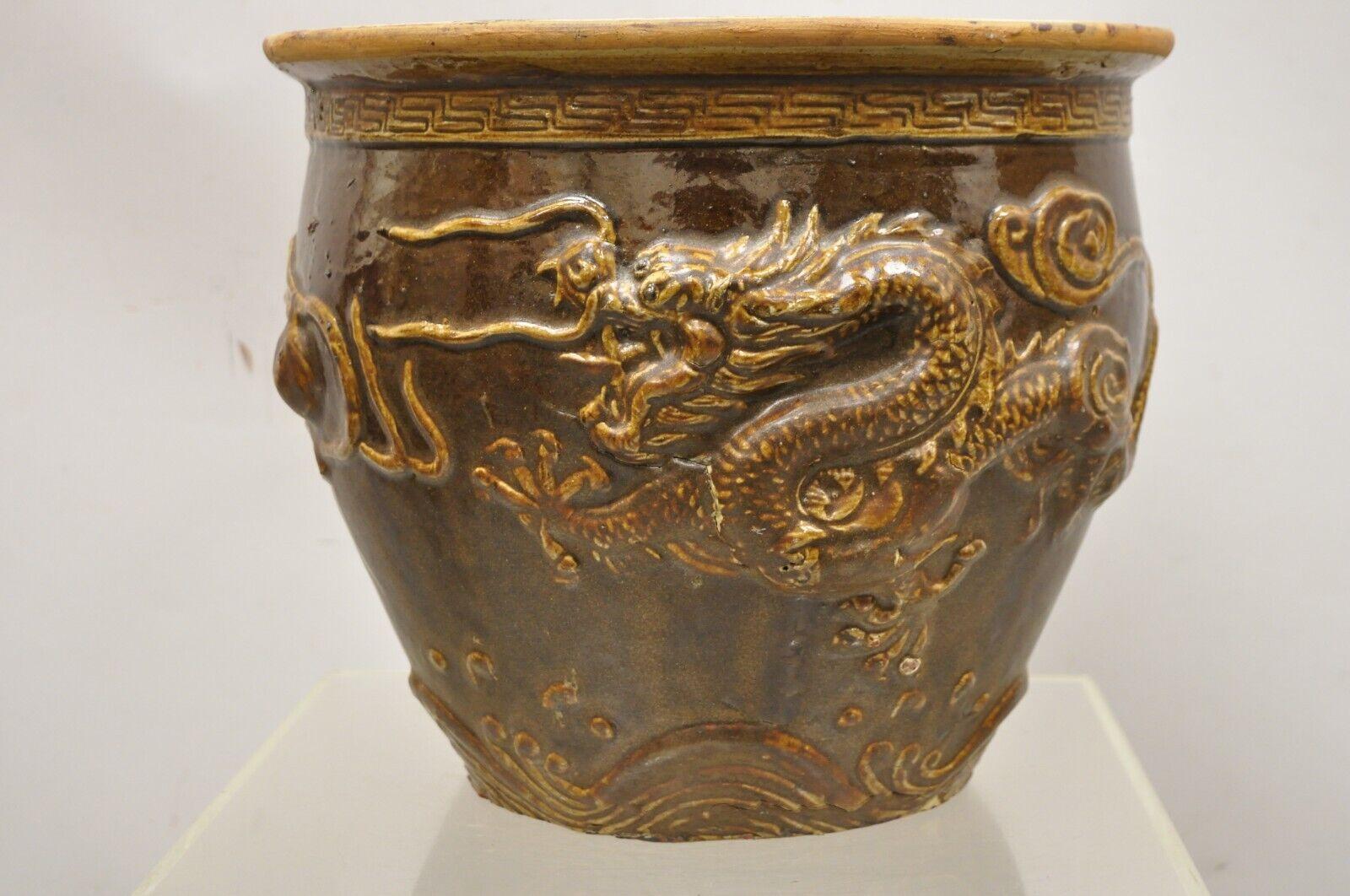 Vintage Chinese Brown Glazed Ceramic Dragon Cachepot Planter Pot - a Pair For Sale 7