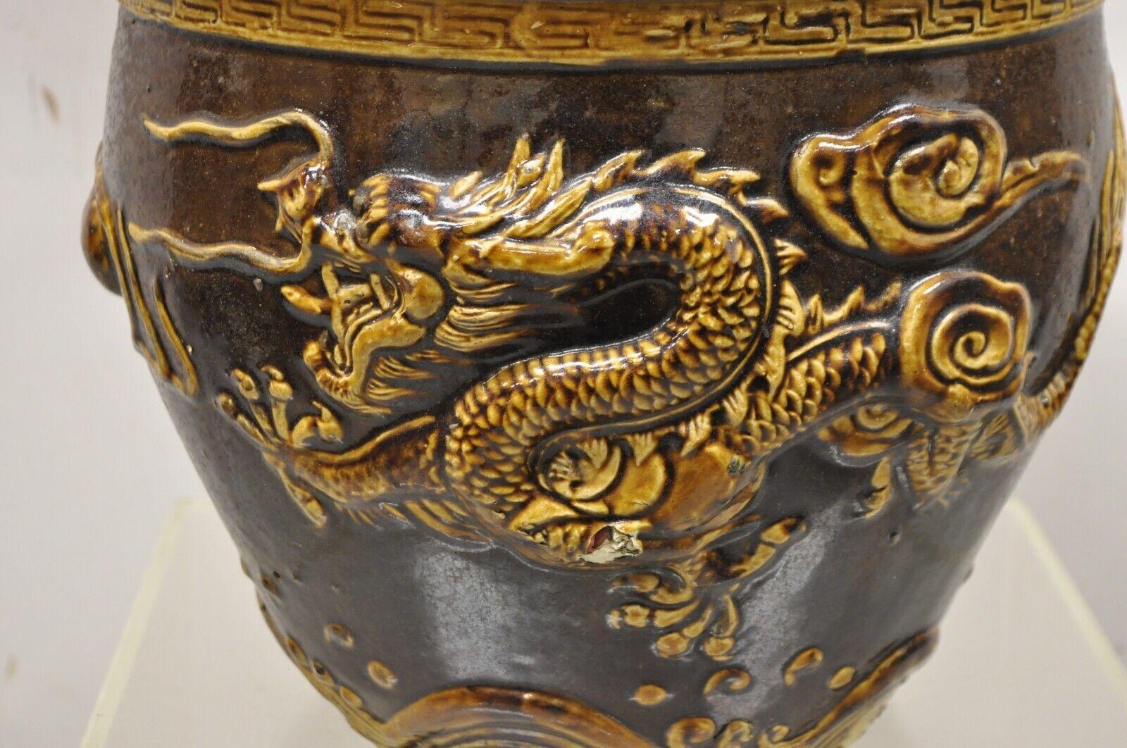Vintage Chinese Brown Glazed Ceramic Dragon Cachepot Planter Pot - a Pair In Good Condition For Sale In Philadelphia, PA