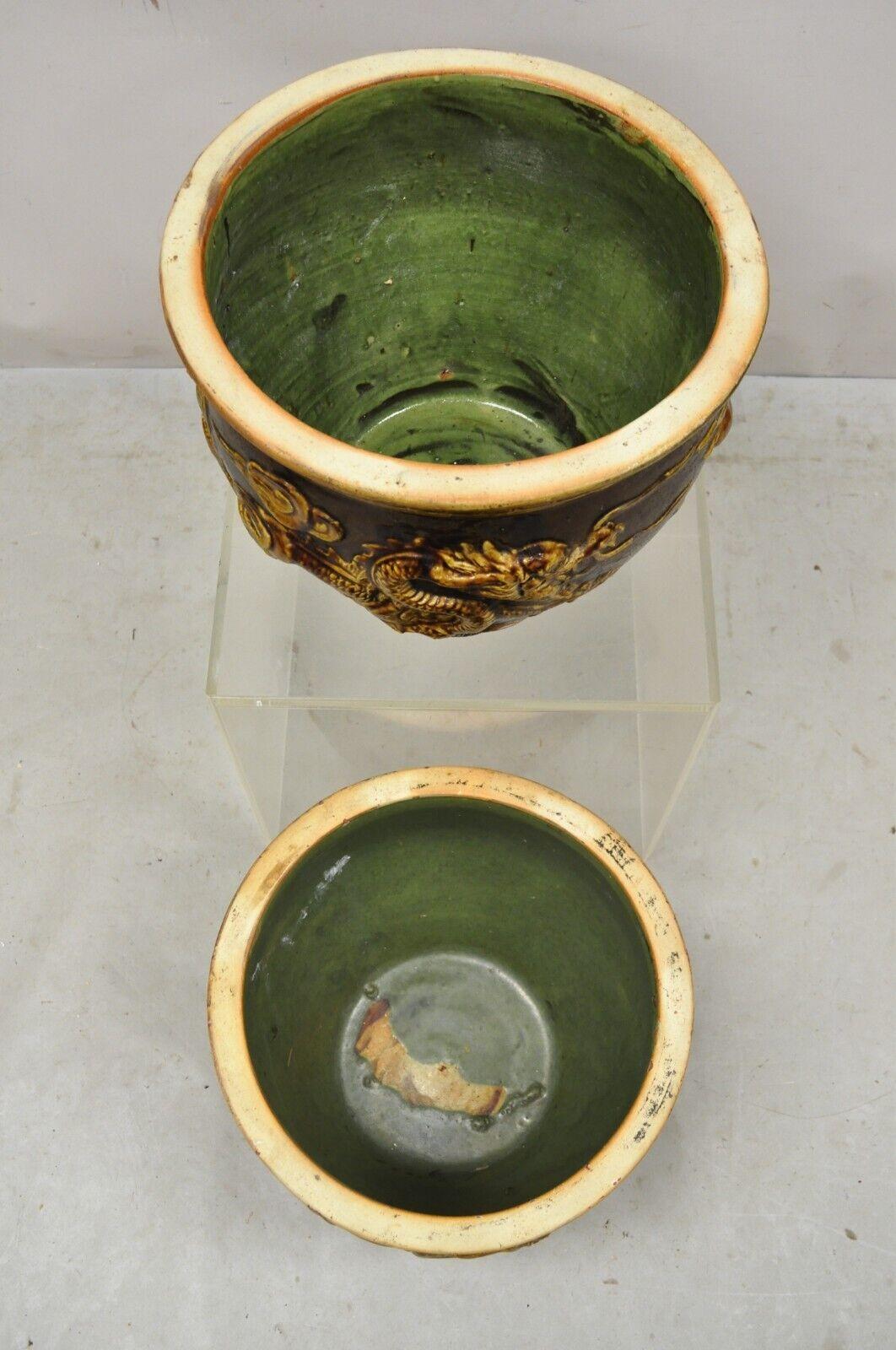 20th Century Vintage Chinese Brown Glazed Ceramic Dragon Cachepot Planter Pot - a Pair For Sale