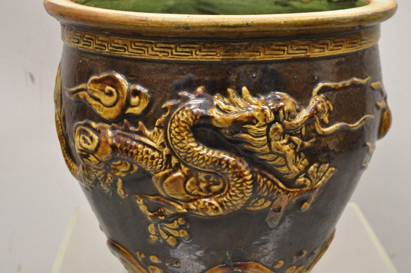 20th Century Vintage Chinese Brown Glazed Ceramic Dragon Cachepot Planter Pot - a Pair For Sale