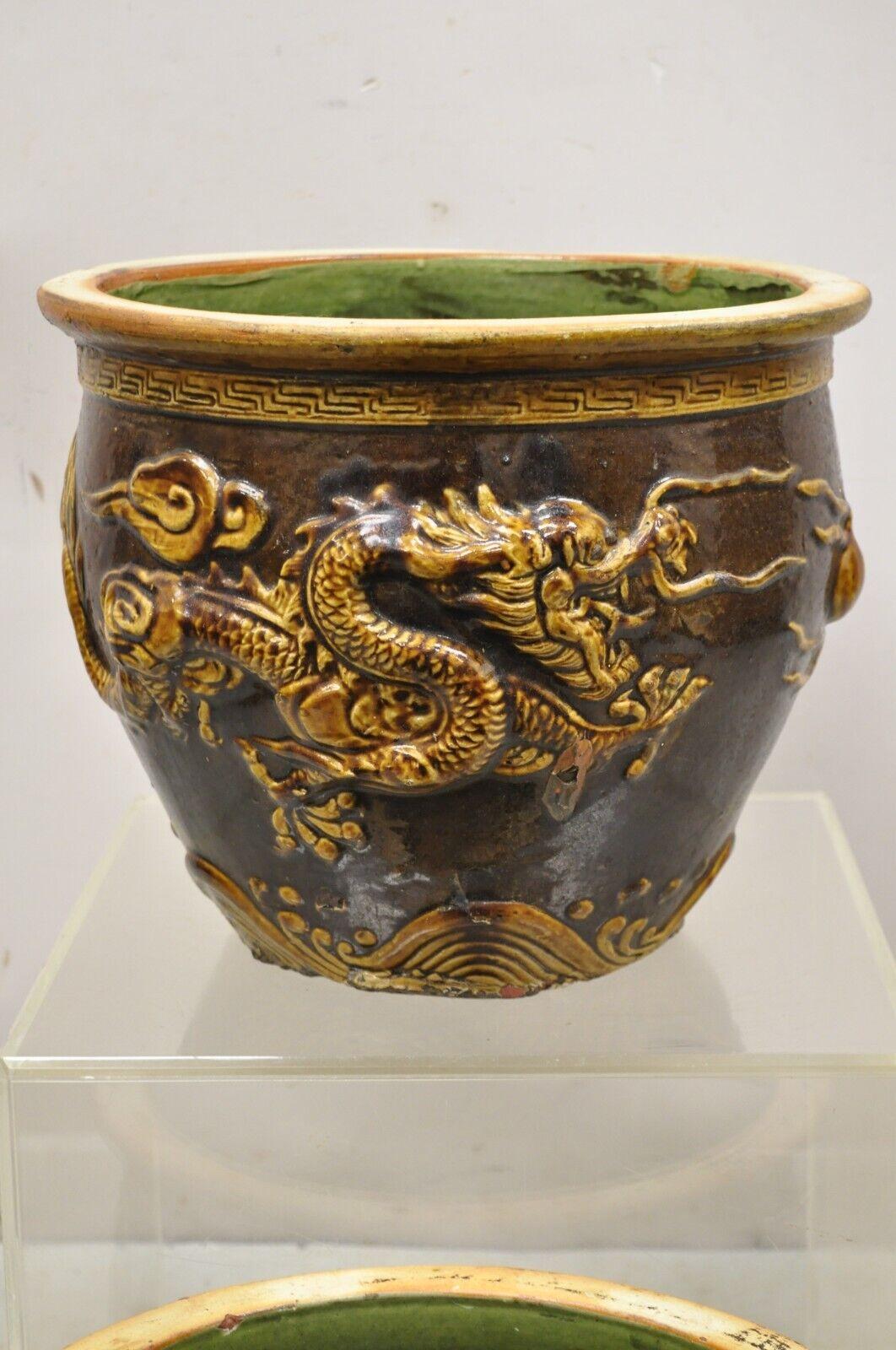 Vintage Chinese Brown Glazed Ceramic Dragon Cachepot Planter Pot - a Pair For Sale 1