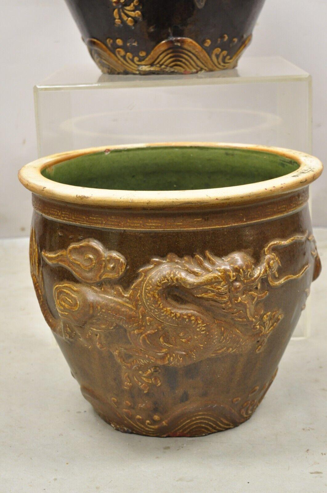Vintage Chinese Brown Glazed Ceramic Dragon Cachepot Planter Pot - a Pair For Sale 3