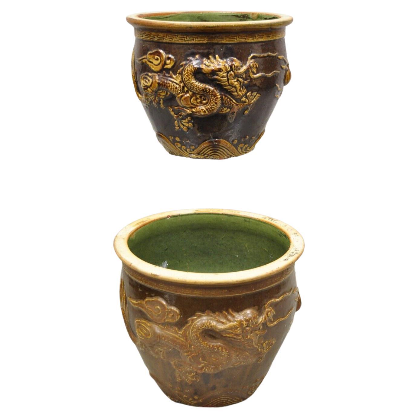 Paire de cache-pots Dragon en céramique chinoise émaillée Brown - vintage