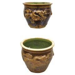 Vintage Chinese Brown Glazed Ceramic Dragon Cachepot Planter Pot - a Pair