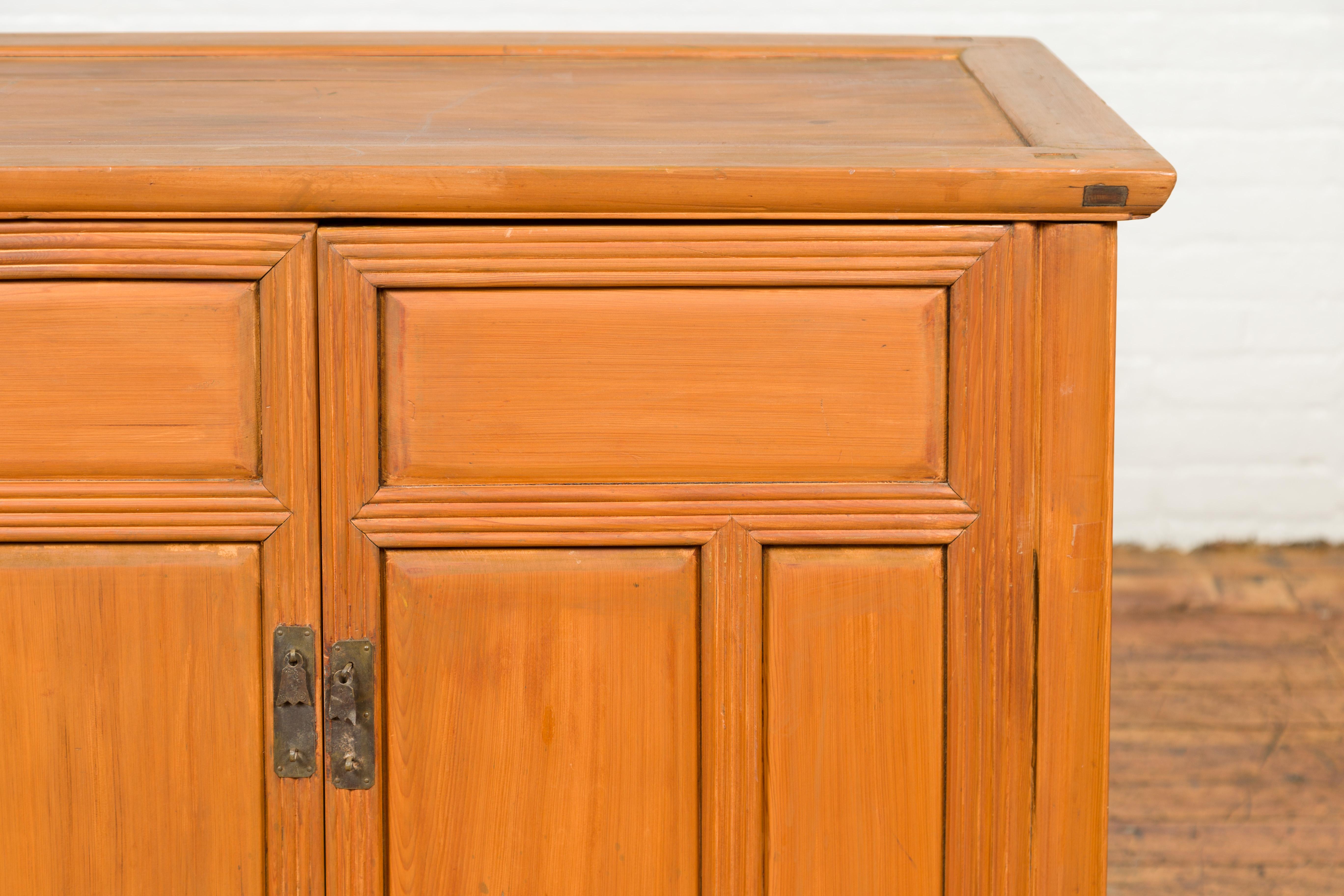 Vintage Chinese Buffet with Paneled Doors, Hidden Drawers and Natural Patina For Sale 1