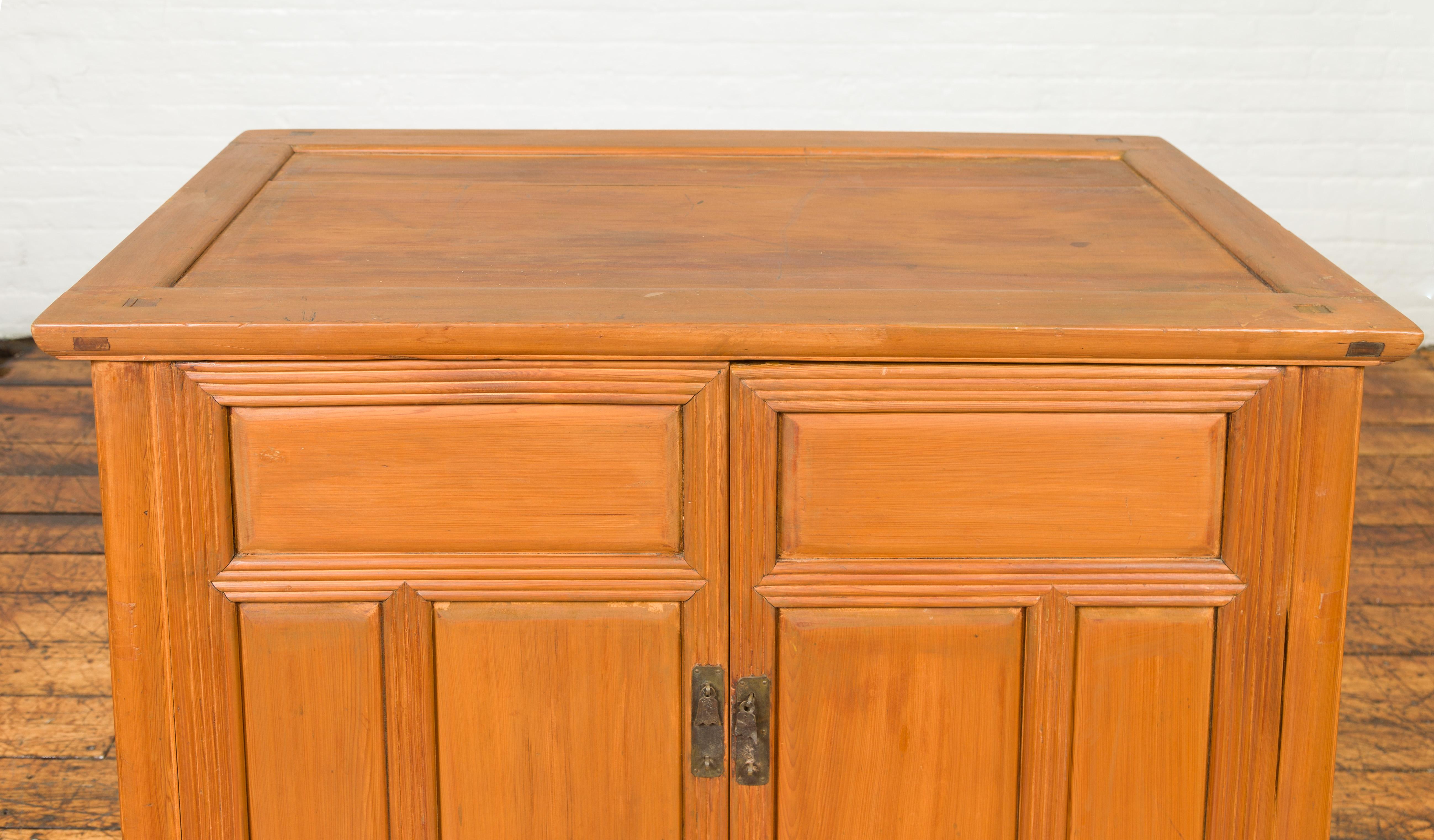 Wood Vintage Buffet with Paneled Doors, Hidden Drawers and Natural Patina For Sale