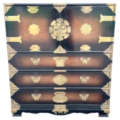 Vintage Chinese Burlwood and Brass Highboy Dresser