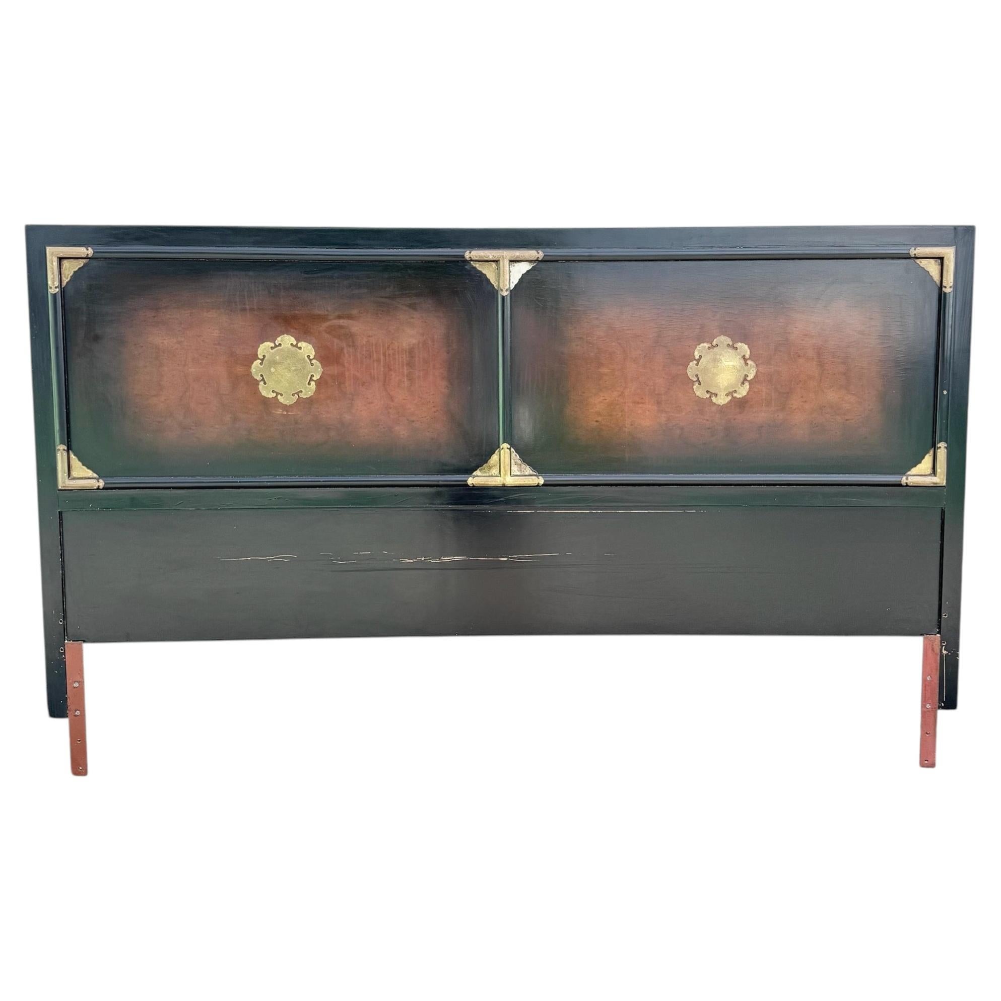 Vintage Chinese Burlwood and Brass King Headboard