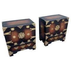 Vintage Chinese Burlwood and Brass Nightstands - A Pair