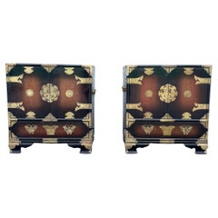 Vintage Chinese Burlwood and Brass Nightstands - A Pair