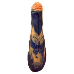 Vintage Chinese Butterfly Relief Blue Glass Snuff Bottle