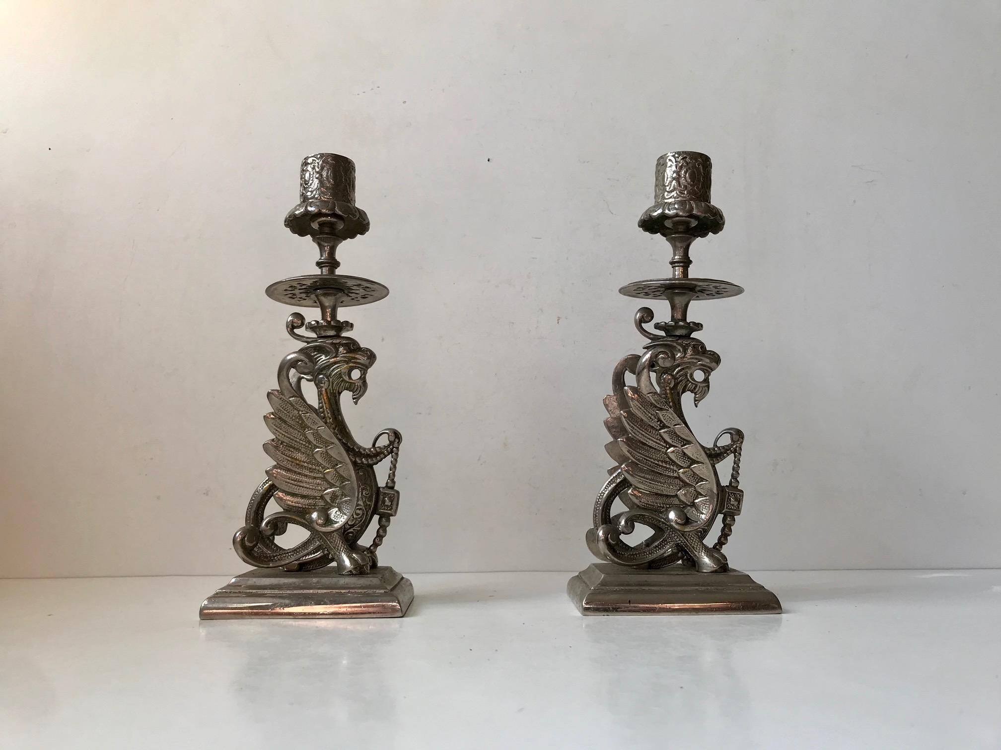 Vintage Chinese Candlesticks with Griffin Dragons, 1950s, Set of 2 In Good Condition In Esbjerg, DK