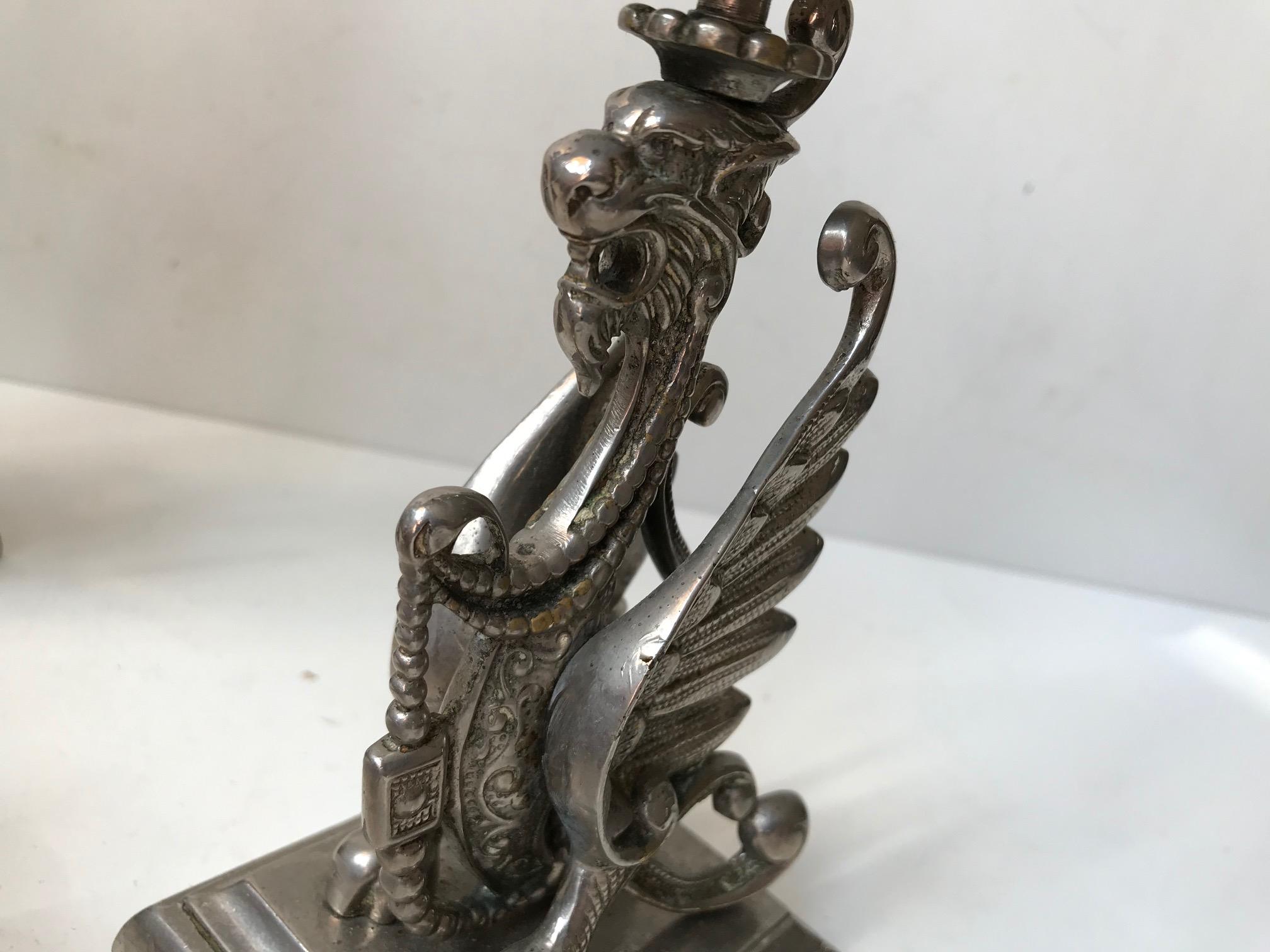 Nickel Vintage Chinese Candlesticks with Griffin Dragons, 1950s, Set of 2