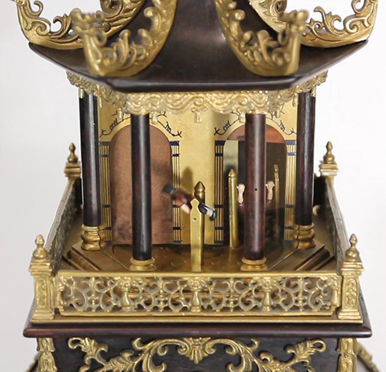 Hand-Crafted Vintage Chinese Canton Automaton Acrobat Musical Pagoda Waterfall Bracket Clock For Sale