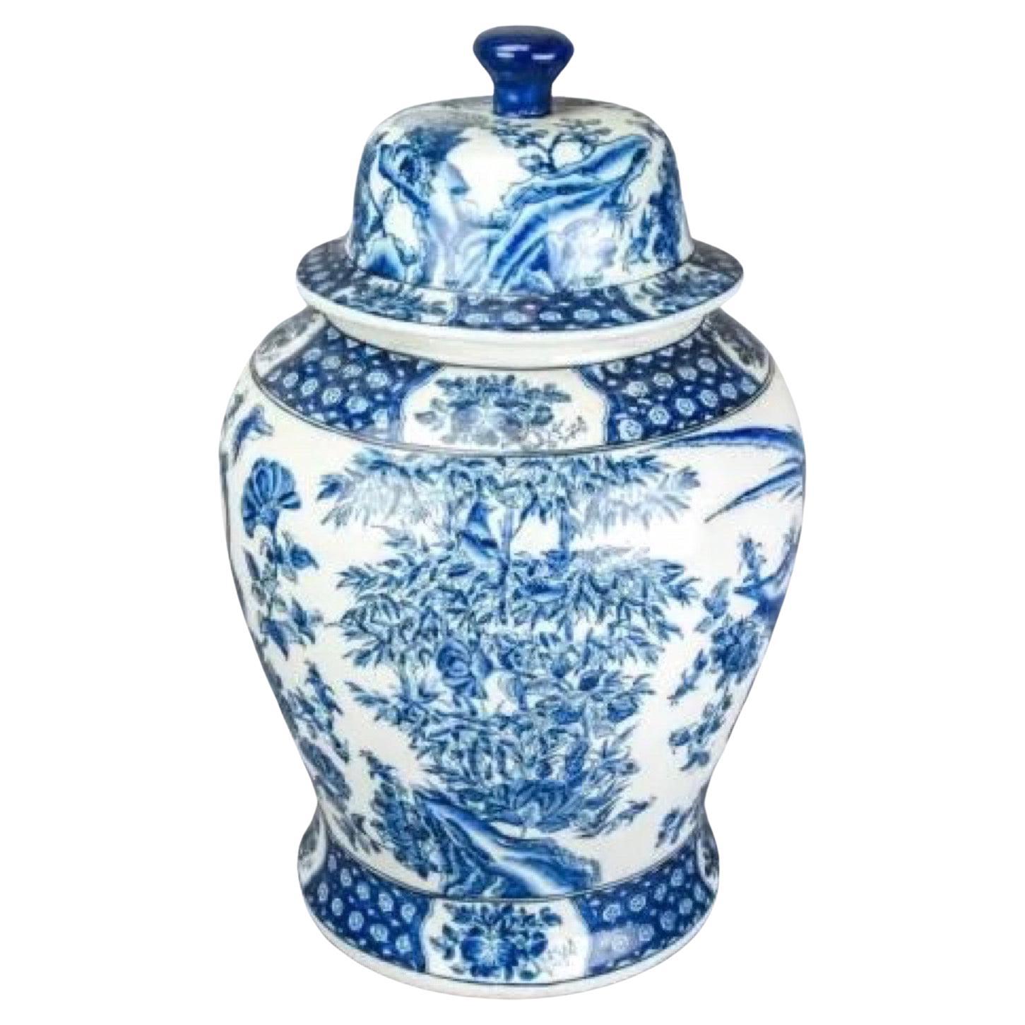 Vintage Chinese Canton Blue and White Porcelain Ginger Jar For Sale at