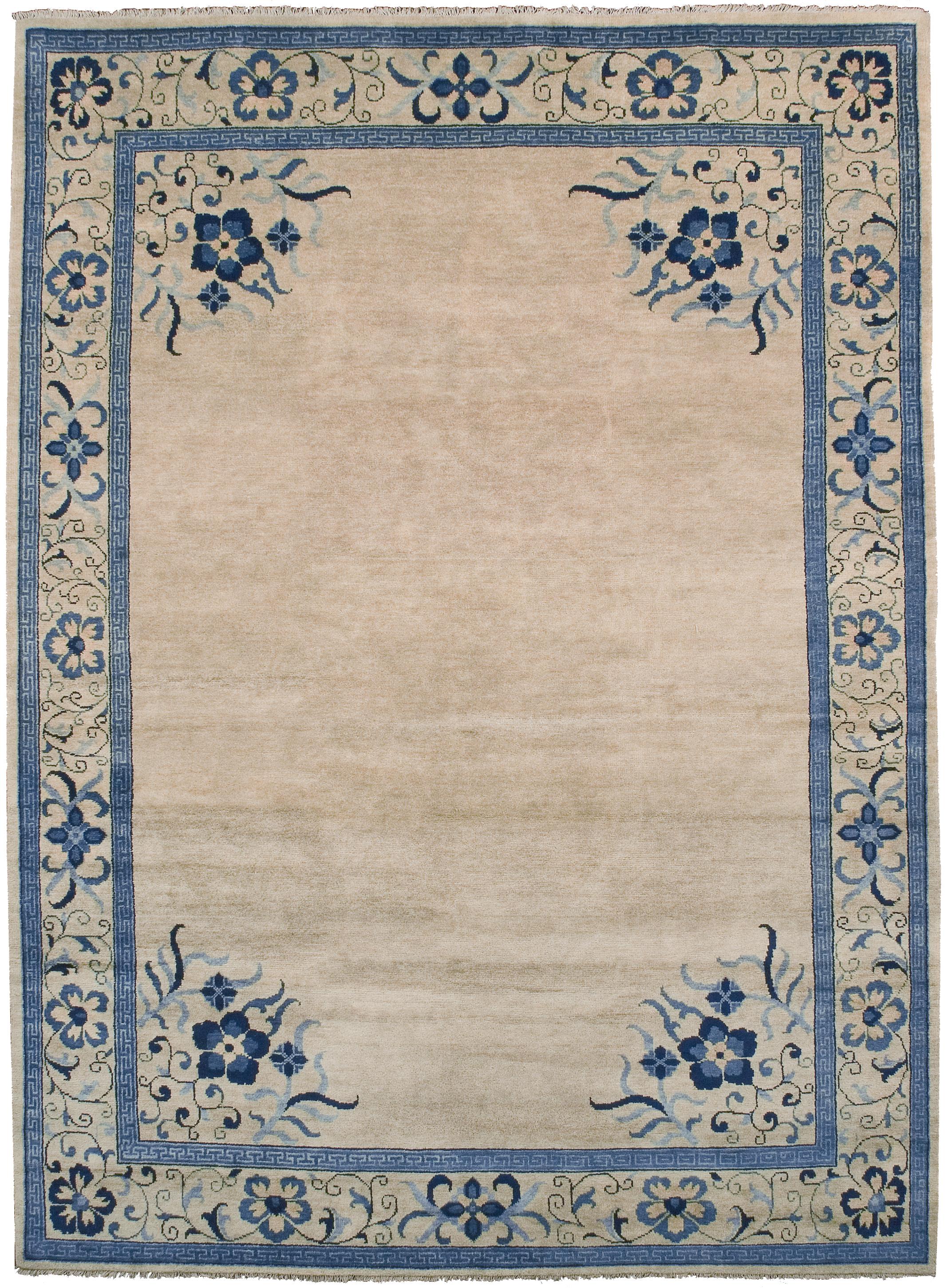 Tapis chinois vintage, tapis brun clair et bleu, tapis en laine fait à la main Bon état - En vente à Port Washington, NY