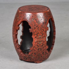 Vintage Chinese Carved and Etched Wooden Drum Table or Stool