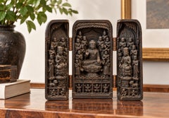 Vintage Chinese Carved Buddhist Triptych Portable Shrine Buddha & Bodhisattvas
