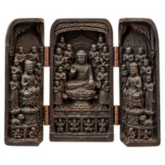 Vintage Chinese Carved Buddhist Triptych Portable Shrine Buddha & Bodhisattvas