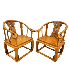 Vintage Chinese Carved Camphor Wood Horseshoe Back Armchairs set