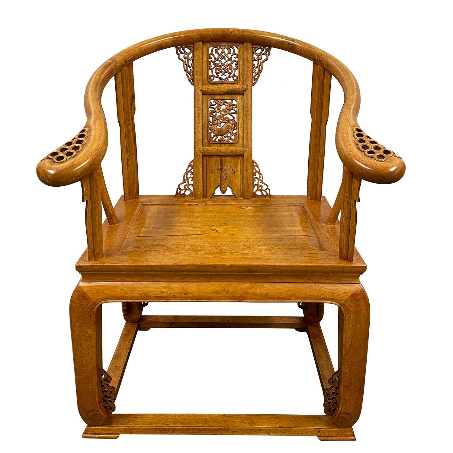 Chinese Export Vintage Chinese Carved Camphor Wood Horseshoe Back Armchairs set For Sale