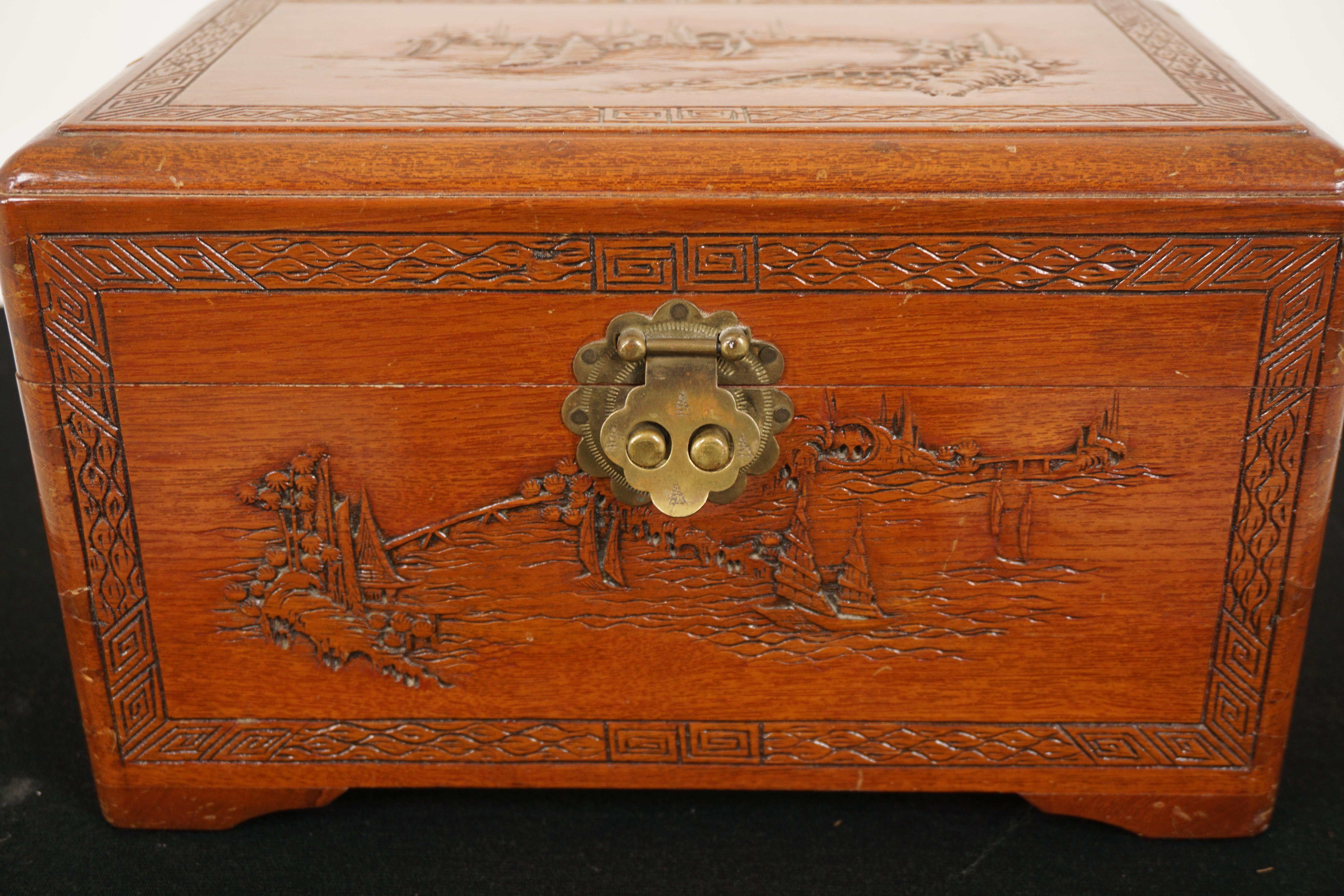 Wood Vintage Chinese Carved Camphorwood Jewellery Box, China 1930, H895 For Sale