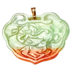 Vintage Chinese Carved Celadon Jade Dragon-in-Clouds Pendant with 14K Gold Bail