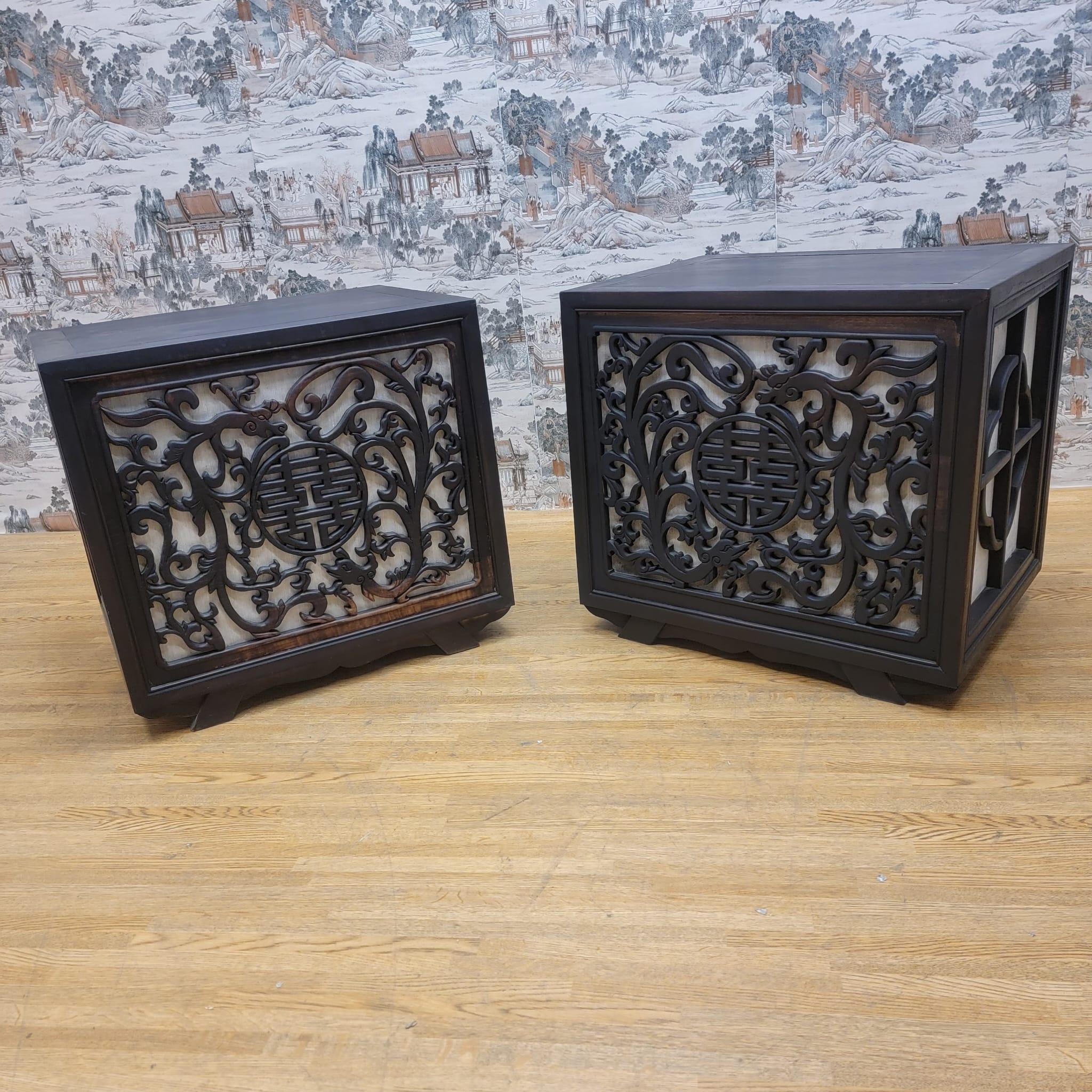 Vintage Chinese Carved Decorative Elm Side Tables with Light - Pair For Sale 7