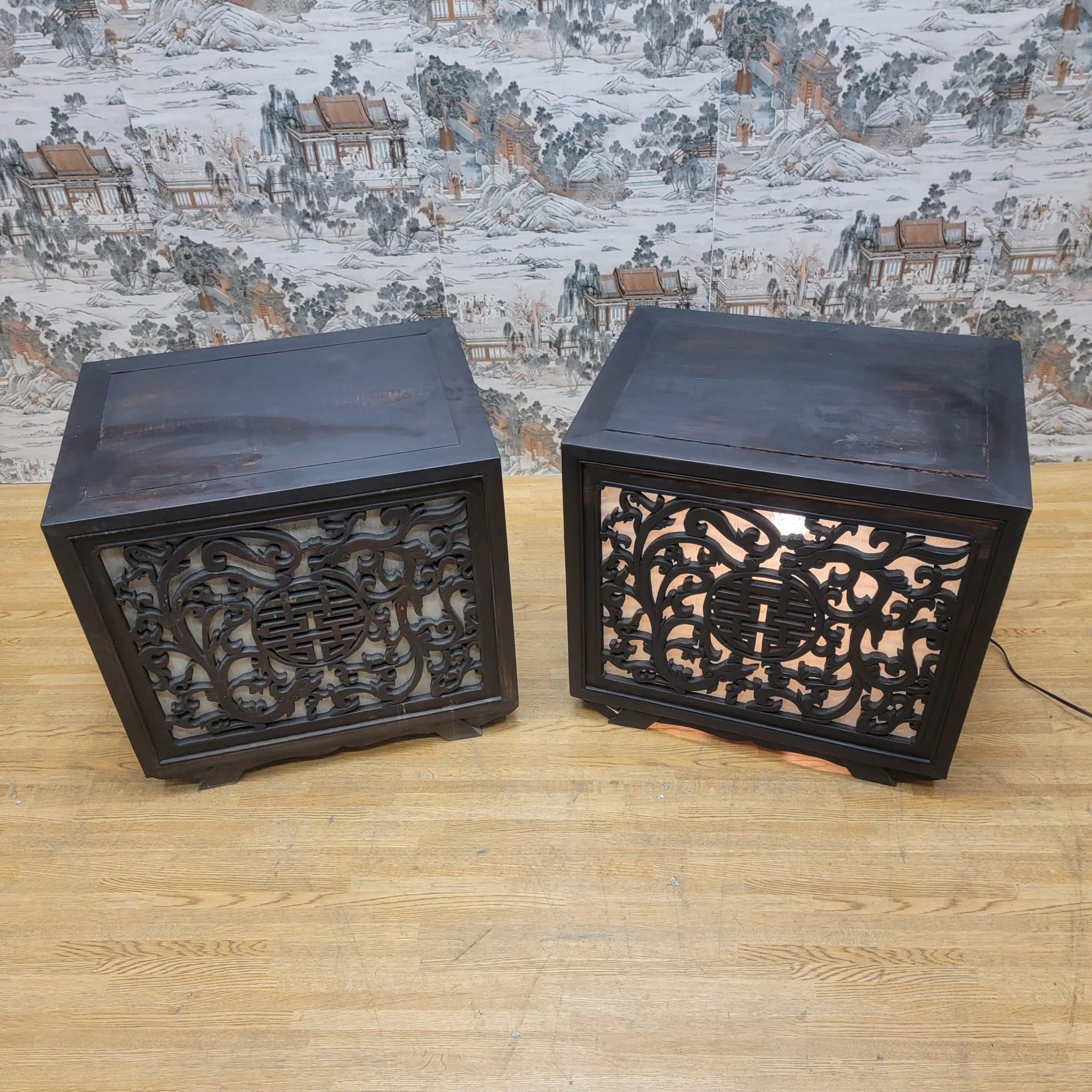 Vintage Chinese Carved Decorative Elm Side Tables with Light - Pair For Sale 14