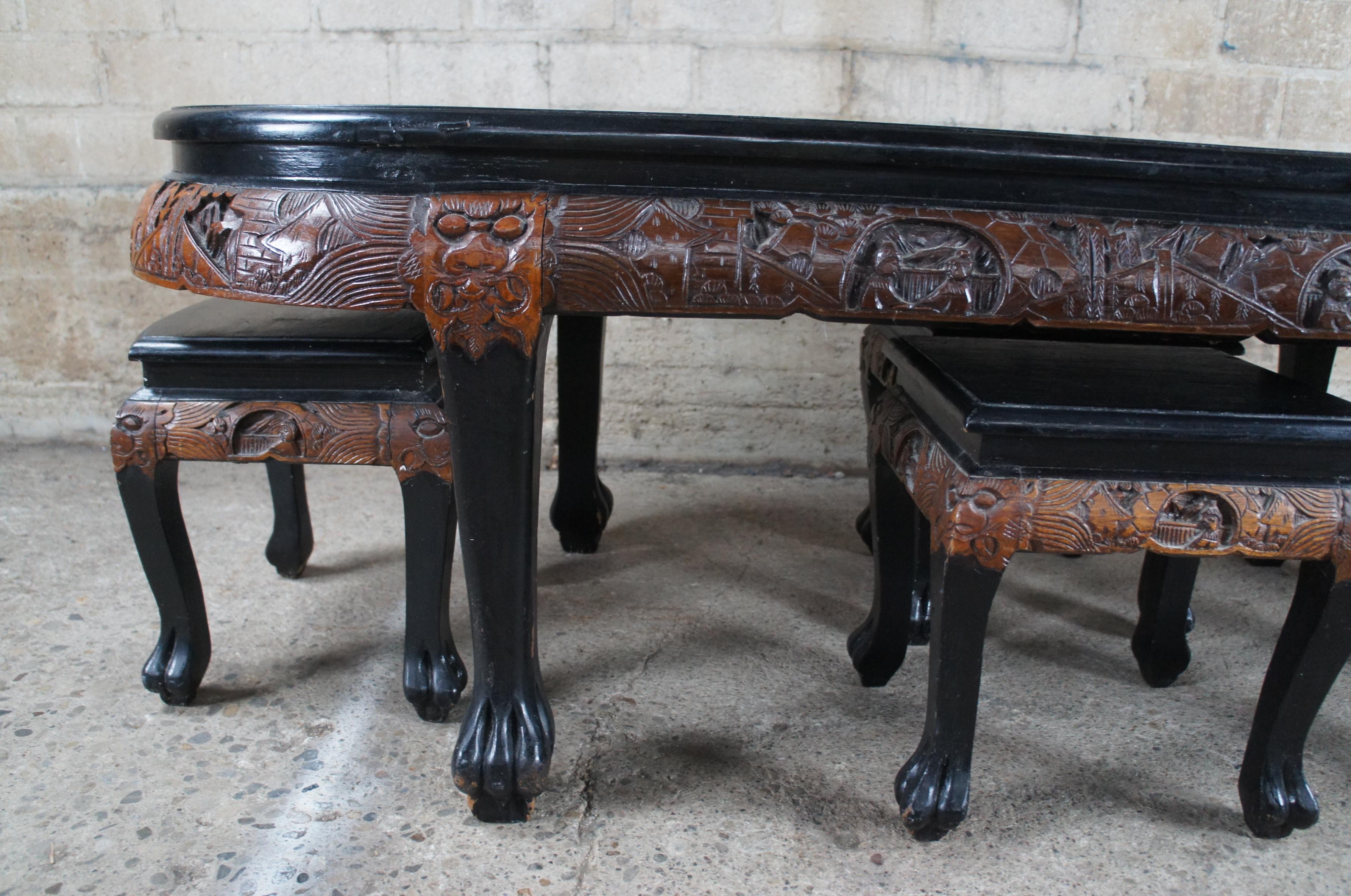 Vintage Chinese Carved Elm Black Lacquer Claw Foot Coffee Table & Stools 62