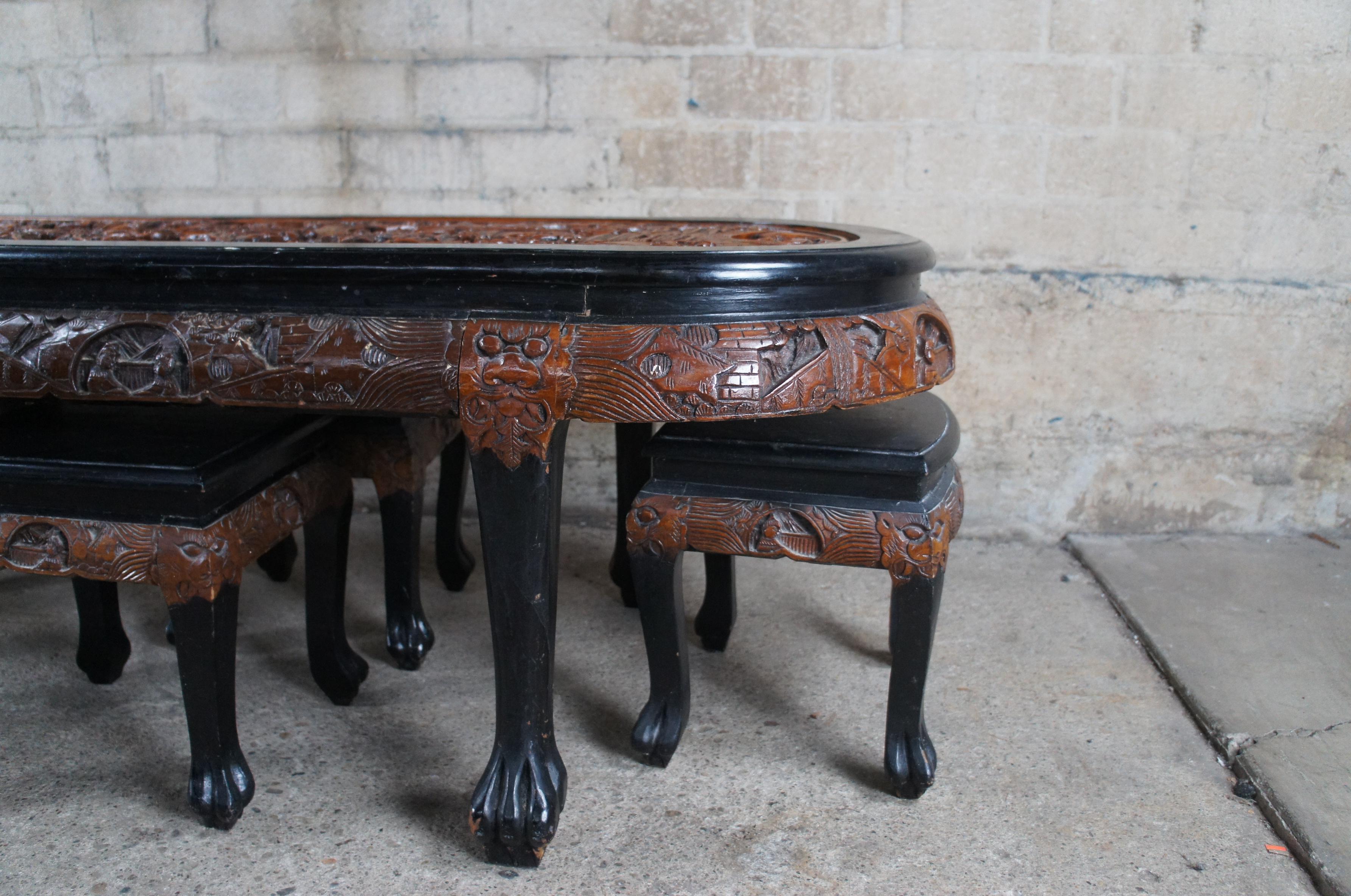 20th Century Vintage Chinese Carved Elm Black Lacquer Claw Foot Coffee Table & Stools 62
