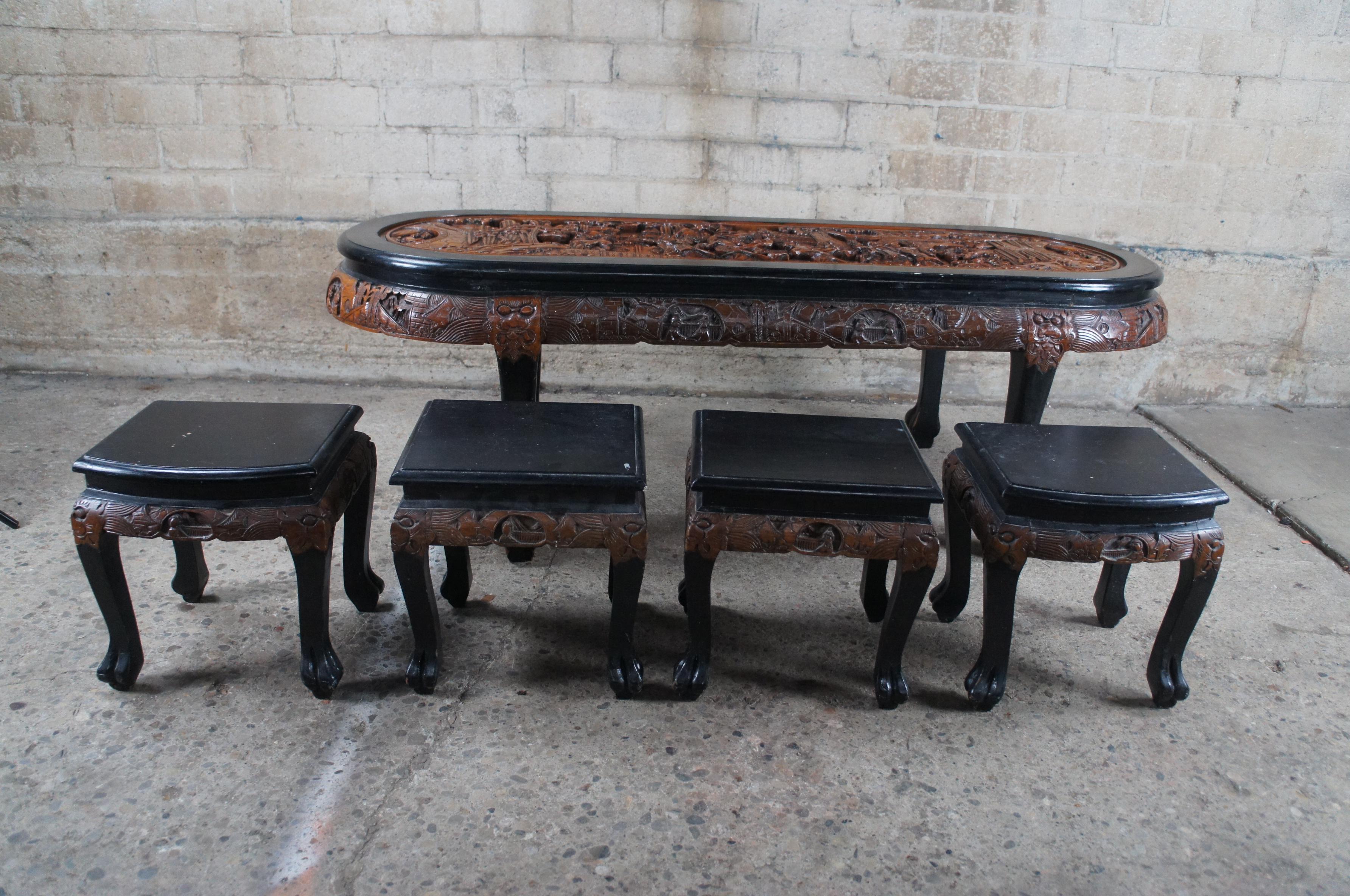 Vintage Chinese Carved Elm Black Lacquer Claw Foot Coffee Table & Stools 62