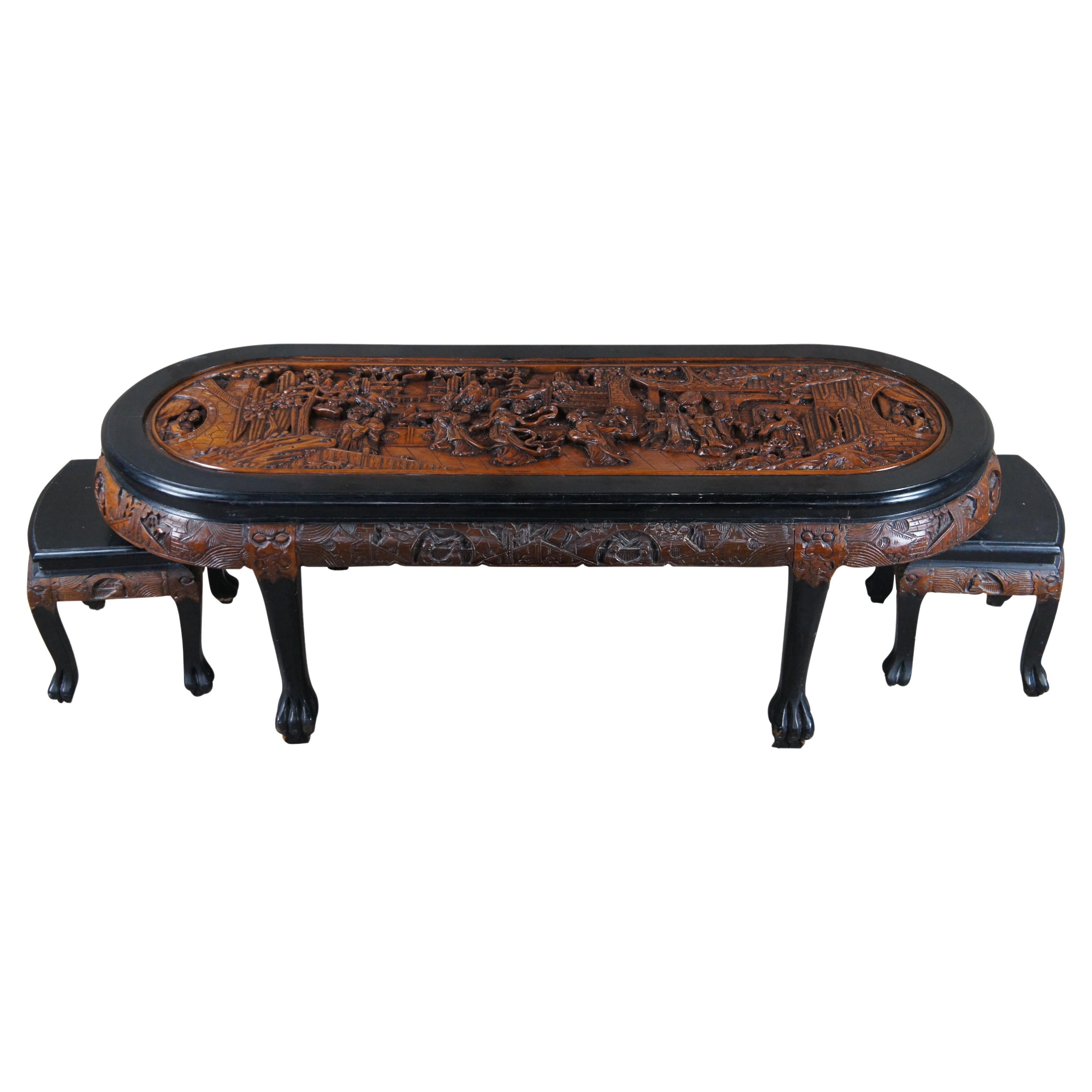 Vintage Chinese Carved Elm Black Lacquer Claw Foot Coffee Table & Stools 62" For Sale