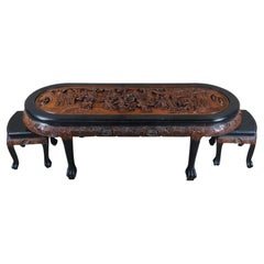 Retro Chinese Carved Elm Black Lacquer Claw Foot Coffee Table & Stools 62"